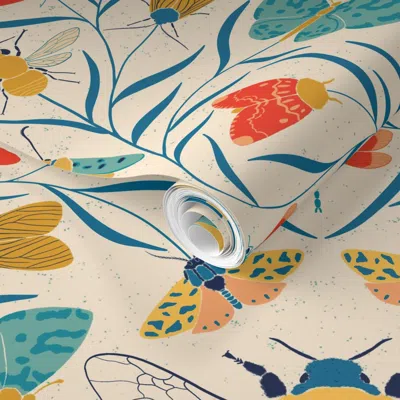 Spoonflower Pre-pasted Wallpaper Damask Bugs Bees Butterflies In Retro Color Palette Large  Removable