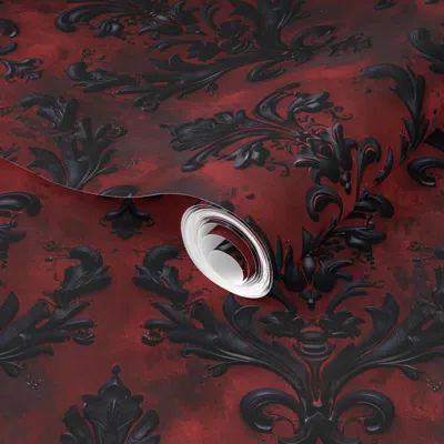 Spoonflower Pre-pasted Wallpaper Damask Pattern Dark Red Floral Gothic Haunted House Occult Goth Aesthetic  Remo