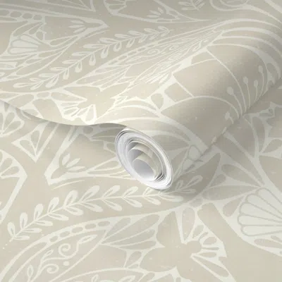 Spoonflower Pre-pasted Wallpaper Damask Spring Tulips Art Nouveau Bird Bee Bone White Ecru Ivory Beige White 2' 