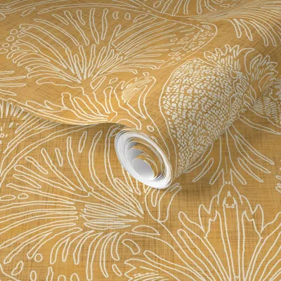 Spoonflower Pre-pasted Wallpaper Dandelion Feathers - White Outline Marigold 2' X 12' Removable