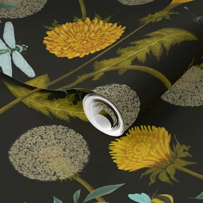 Spoonflower Pre-pasted Wallpaper Dandelions And Dragonflies On Black Jumbo Scale 2' X 12' Removable