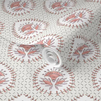 Spoonflower Pre-pasted Wallpaper Daphne Creams And Coral Lilac 2' X 12' Removable