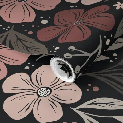 Spoonflower Pre-pasted Wallpaper Dark And Moody Floral Blush Pink And Sage Green On Black Medium Large  Removabl