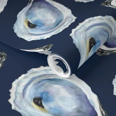Spoonflower Pre-pasted Wallpaper Dark Blue Watercolor Oysters 2' X 12' Removable