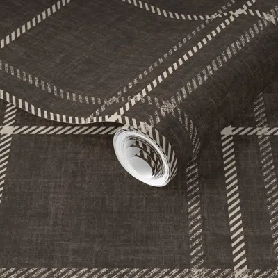 Spoonflower Pre-pasted Wallpaper Dark Brown Modern Farmhouse Plaid - Cabincore Check With Faux Woven Texture  Re