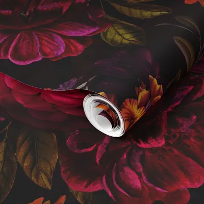Spoonflower Pre-pasted Wallpaper Dark Gothic Peonies Baroque Floral  Romantic Accent Dramatic Decor  Removable In Red