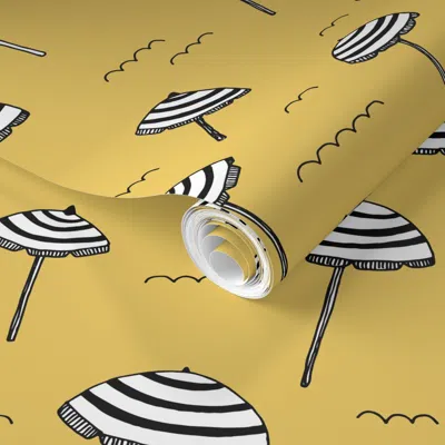 Spoonflower Pre-pasted Wallpaper Day At The Beach Sun Screen Tropical Parasol Umbrella Sun Yellow 2' X 12' Remov