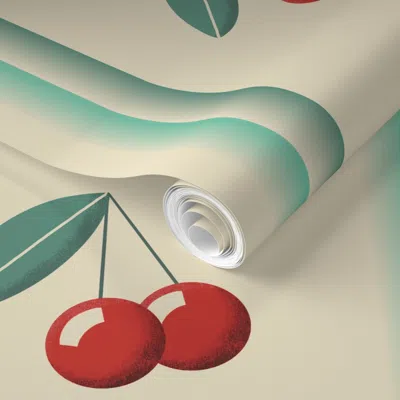 Spoonflower Pre-pasted Wallpaper Deco Cherries Up Down Large - Art Deco Cherries And Mint Stripes On Ivory 2' X 