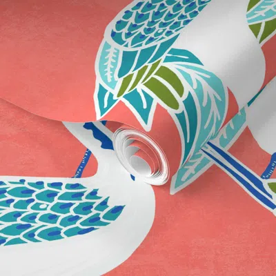 Spoonflower Pre-pasted Wallpaper Deco Cranes Bright Coral Background With Teal Blue And Olive Accents 2' X 12' R