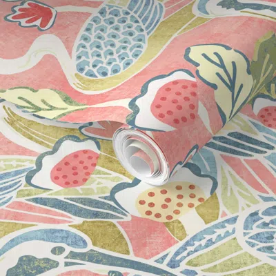 Spoonflower Pre-pasted Wallpaper Deco Cranes Garden Party Spring Pinks And Blues 2' X 12' Removable