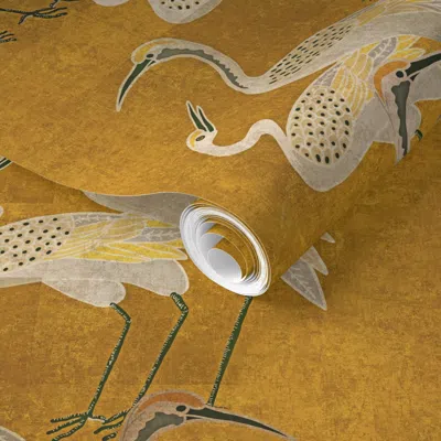 Spoonflower Pre-pasted Wallpaper Deco Cranes Golden Hour 12in X 17.78in Repeat Scale 2' X 12' Removable