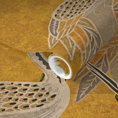 Spoonflower Pre-pasted Wallpaper Deco Cranes - Golden Hour - 24 X 35.56 Inch Repeat Scale 2' X 12' Removable