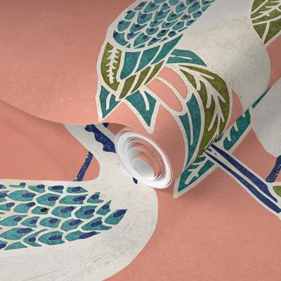 Spoonflower Pre-pasted Wallpaper Deco Cranes Light Coral With Olive Teal And Blue Accents 2' X 12' Removable