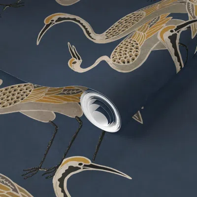 Spoonflower Pre-pasted Wallpaper Deco Cranes Navy Blue Background 12.00in X 17.78in Repeat Scale 2' X 12' Remova