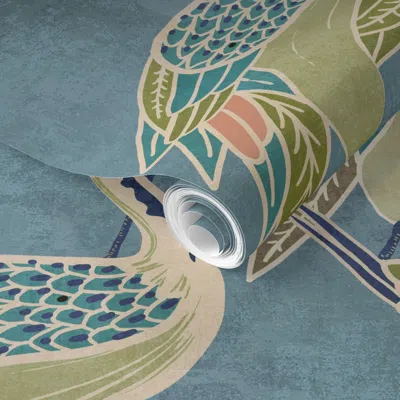 Spoonflower Pre-pasted Wallpaper Deco Cranes Pool Blue With Olive And Coral Accents 2' X 12' Removable