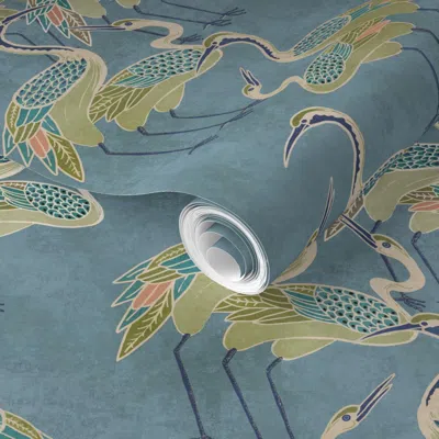 Spoonflower Pre-pasted Wallpaper Deco Cranes Pool Blue With Olive And Coral Accents 8 In Repeat Scale 2' X 12' R