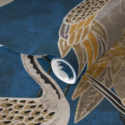 Spoonflower Pre-pasted Wallpaper Deco Cranes Sapphire 24in X 35.56in Repeat Scale 2' X 12' Removable