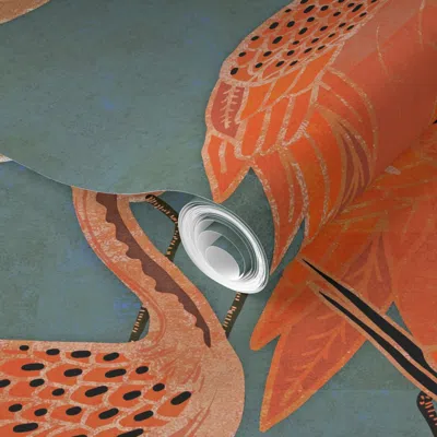 Spoonflower Pre-pasted Wallpaper Deco Cranes - Shrimp Cocktail - 24" Repeat 2' X 12' Removable