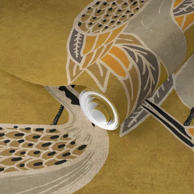 Spoonflower Pre-pasted Wallpaper Deco Cranes Spicy Mustard 24 Inch X 35.56 Inch Repeat 2' X 12' Removable