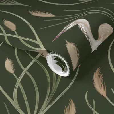 Spoonflower Pre-pasted Wallpaper Deco Heron & Grasses (forest Green) 2' X 12' Removable