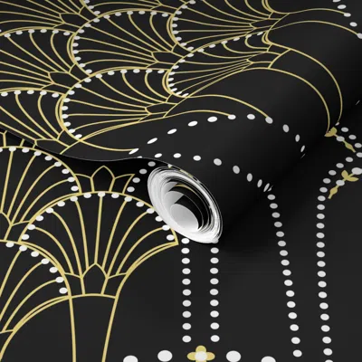 Spoonflower Pre-pasted Wallpaper Deco Lace - Black Yellow White - Extra Large 2' X 12' Removable In Multi