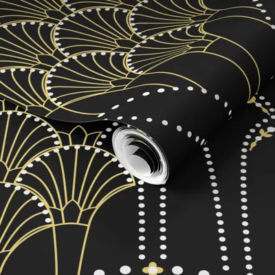 Spoonflower Pre-pasted Wallpaper Deco Lace - Black Yellow White - Large 2' X 12' Removable