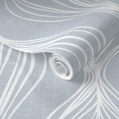 Spoonflower Pre-pasted Wallpaper Deco Lines - Modern Faux Textured In Rustic White On Blue Mist Linen 2' X 12' R