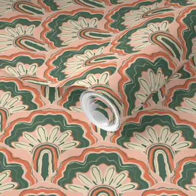 Spoonflower Pre-pasted Wallpaper Deco Peacock - Coral Pink & Green 2' X 12' Removable