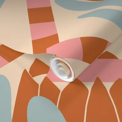 Spoonflower Pre-pasted Wallpaper Deco Protea Bloom In Terracotta Blush And Blue 2' X 12' Removable