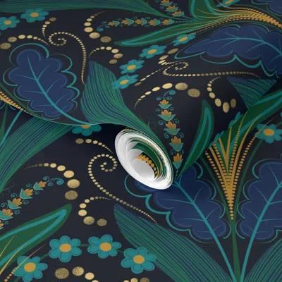 Spoonflower Pre-pasted Wallpaper Deep Blue Teal And Gold Bohemian Art Deco Leaves And Flowers - Medium  Removabl In Multi