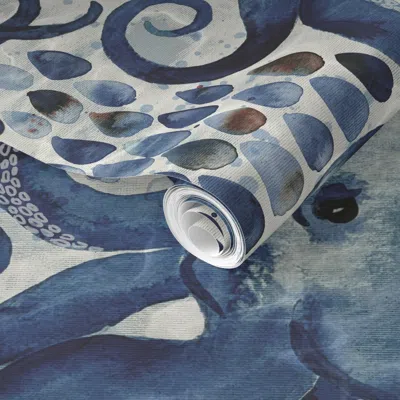 Spoonflower Pre-pasted Wallpaper Deep Indigo Watercolor Octopus 24in  Removable