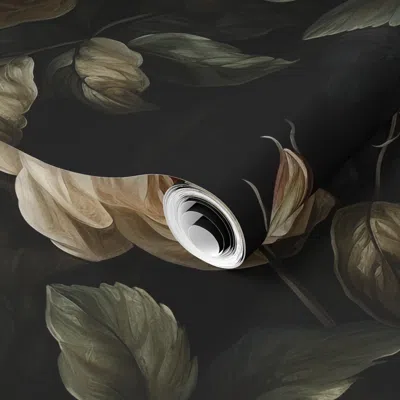 Spoonflower Pre-pasted Wallpaper Deep Rose White Xl - Moody Floral Black Backgroundcream White Green Black 2' X 