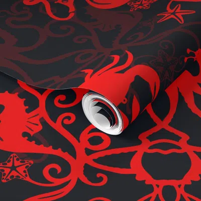 Spoonflower Pre-pasted Wallpaper Deep Sea Damask - Red And Black - Large Scale 2' X 12' Removable