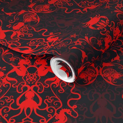 Spoonflower Pre-pasted Wallpaper Deep Sea Damask - Red And Black - Small Scale 2' X 12' Removable