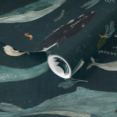 Spoonflower Pre-pasted Wallpaper Deep Sea On Midnight - Medium - Navy - Hash Texture Calm Ocean Creatures  Remov In Blue