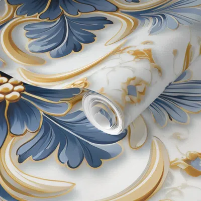 Spoonflower Pre-pasted Wallpaper Delft Blue And Gold 2' X 12' Removable