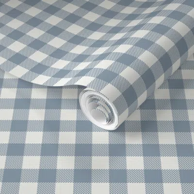Spoonflower Pre-pasted Wallpaper Denim Blue Check Sfx4013 1/2 Squares Check Neutral Plaid Plaid 2' X 12' Removab In Multi