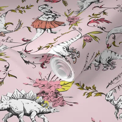 Spoonflower Pre-pasted Wallpaper Dino Dancer Blush 2' X 12' Removable In Multi