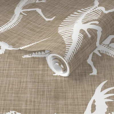 Spoonflower Pre-pasted Wallpaper Dinosaur Bones // Taupe Linen 2' X 12' Removable