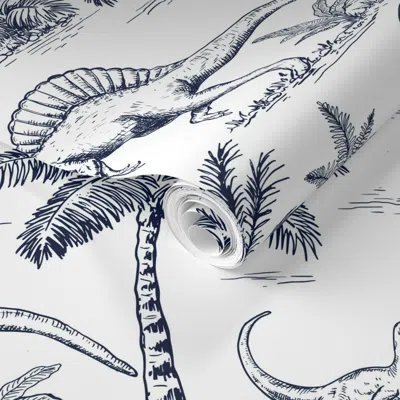 Spoonflower Pre-pasted Wallpaper Dinosaur Toile Navy On White Large Scale Prehistoric Boys Nursery Walls 2' X 12