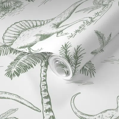 Spoonflower Pre-pasted Wallpaper Dinosaur Toile Sage Green On White Large Scale Prehistoric Boys Nursery 2' X 12