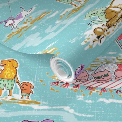 Spoonflower Pre-pasted Wallpaper Dog & Cat Families Spending A Day At The Beach Large-scale  Removable