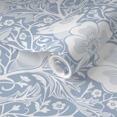 Spoonflower Pre-pasted Wallpaper Dog Nouveau Botanical - Forget Me Not - Peace Roses - Powder Blue White 2' X 12