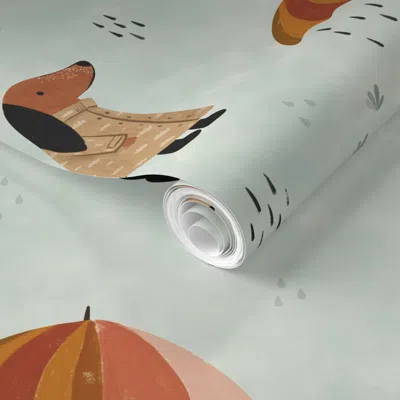 Spoonflower Pre-pasted Wallpaper Dogs In Coats On Blue Cloud Large - Rain And Raincoats - Baby Nursery Walls 2' 