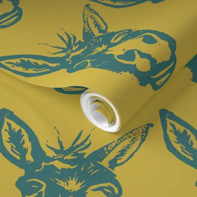 Spoonflower Pre-pasted Wallpaper Donkey Face Teal & Mustard 2' X 12' Removable