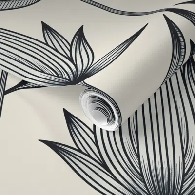 Spoonflower Pre-pasted Wallpaper Doodle Flower Black Creamy White Floral 2' X 12' Removable