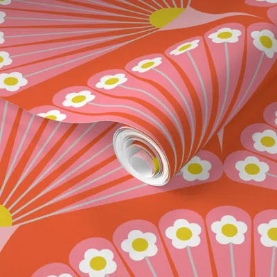 Spoonflower Pre-pasted Wallpaper Dopamine Orange Floral Fans 2' X 12' Removable