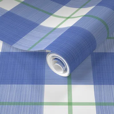 Spoonflower Pre-pasted Wallpaper Double Buffalo Plaid Blue And Green 2' X 12' Removable