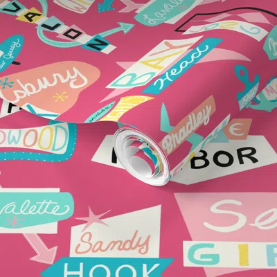 Spoonflower Pre-pasted Wallpaper Down The Shore (dark Pink)  Removable