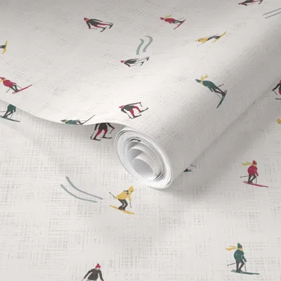 Spoonflower Pre-pasted Wallpaper Downhill Skiers In Cream (medium) 2' X 12' Removable In Multi